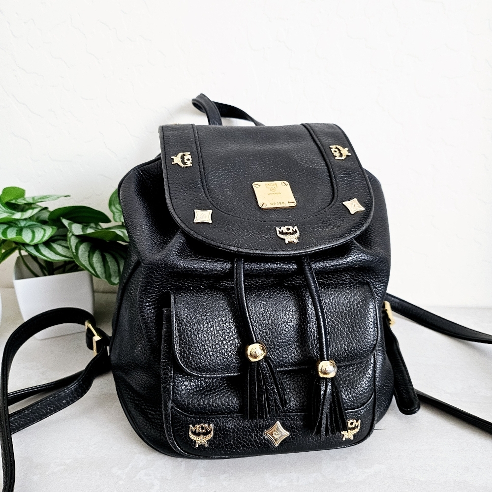 MCM Black Vintage Flap Closure Backpack with Gold Details